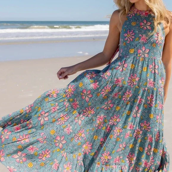 NATURAL LIFE Teal Maxi Dress with Pink & Yellow Floral Print - Picture 1 of 9